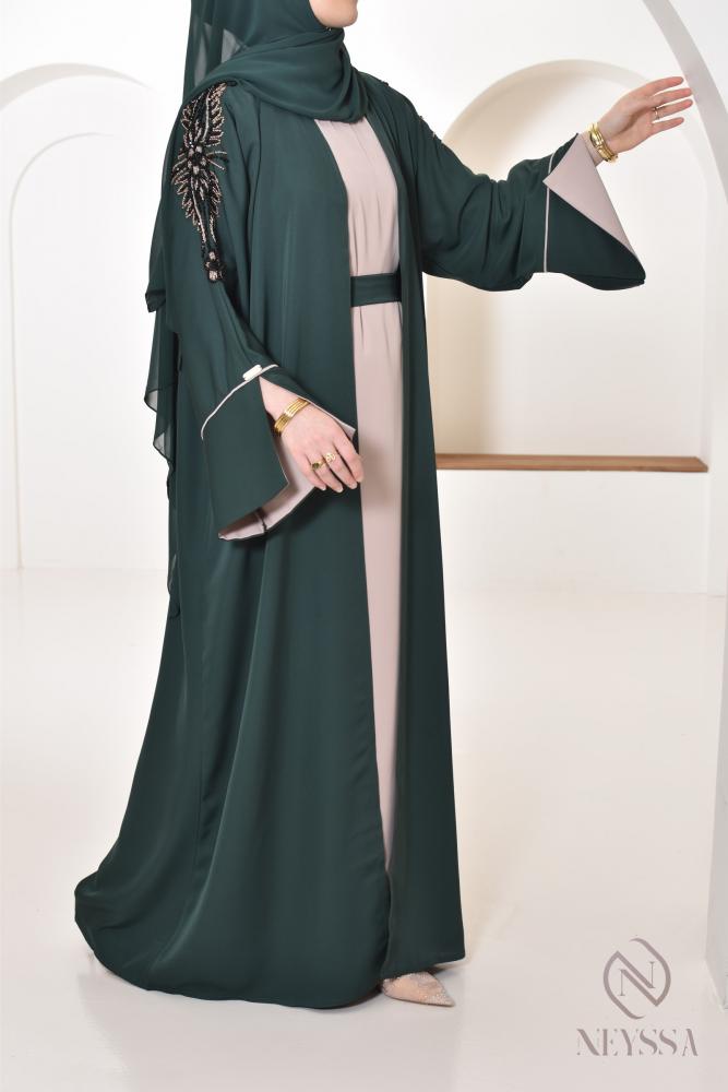 Abaya Dubaï JAWAARA Vert bouteille