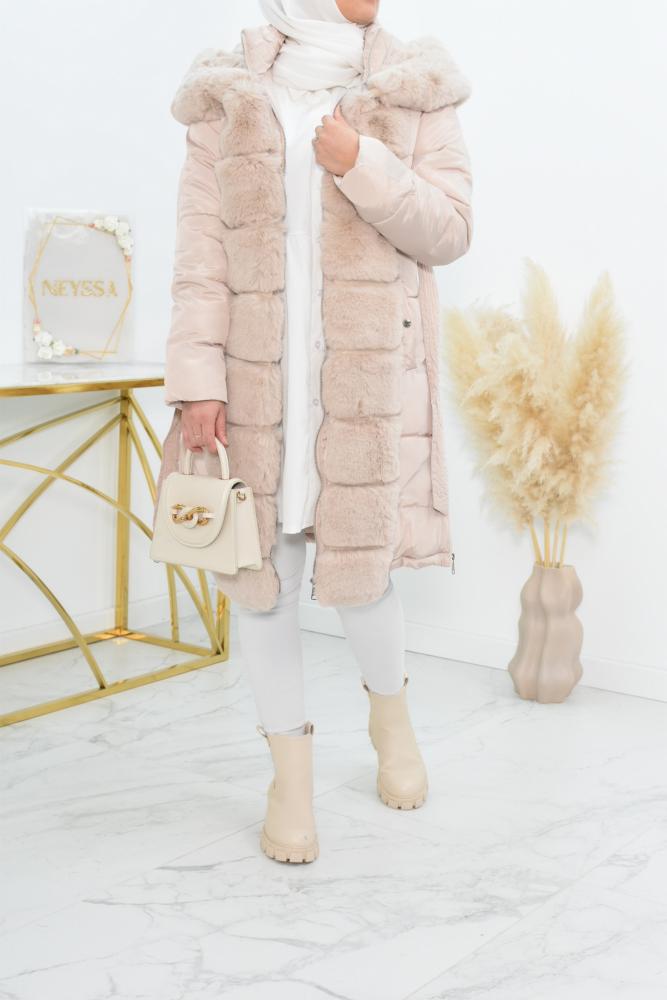 Lange Daunenjacke mit Pelz Beige