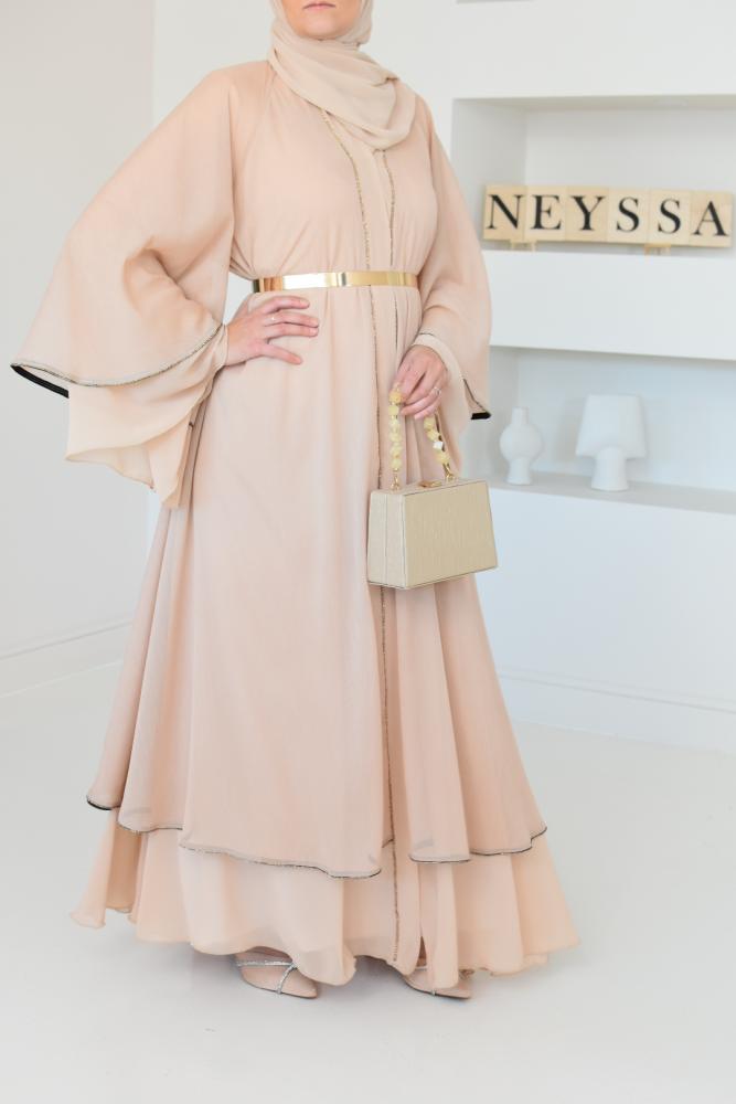 Abaya Dubai bestickt Volants beige Eid Neyssa shop
