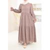 Long dress in cotton with English embroidery in taupe
