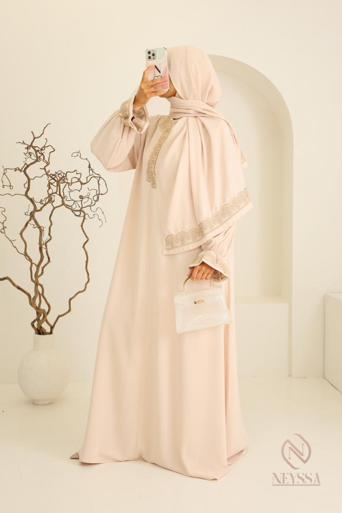 Abaya hijab intégré brodée Mawazine Beige