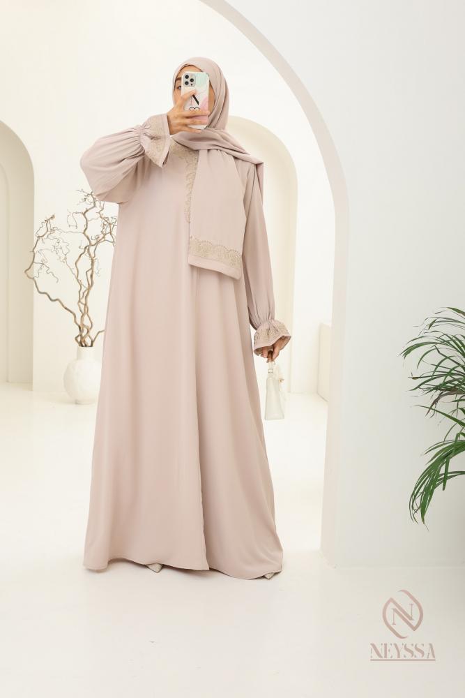 Abaya hijab integrated embroidered Mawazine light Taupe