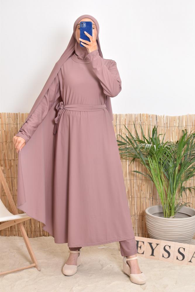 Burkini long hijab à nouer LUJAYN Taupe rosé